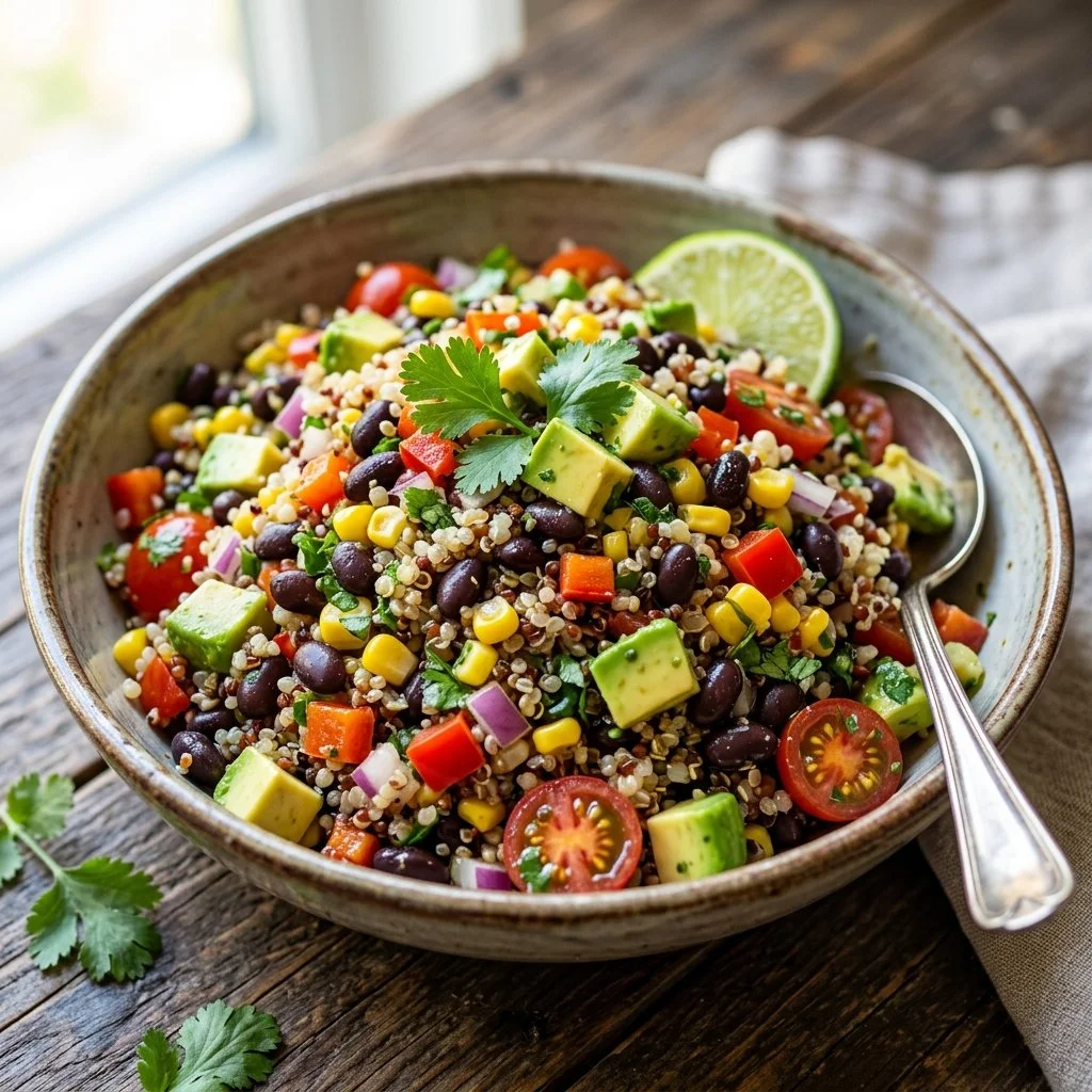 Colorful black bean quinoa salad with fresh vegetables and herbs