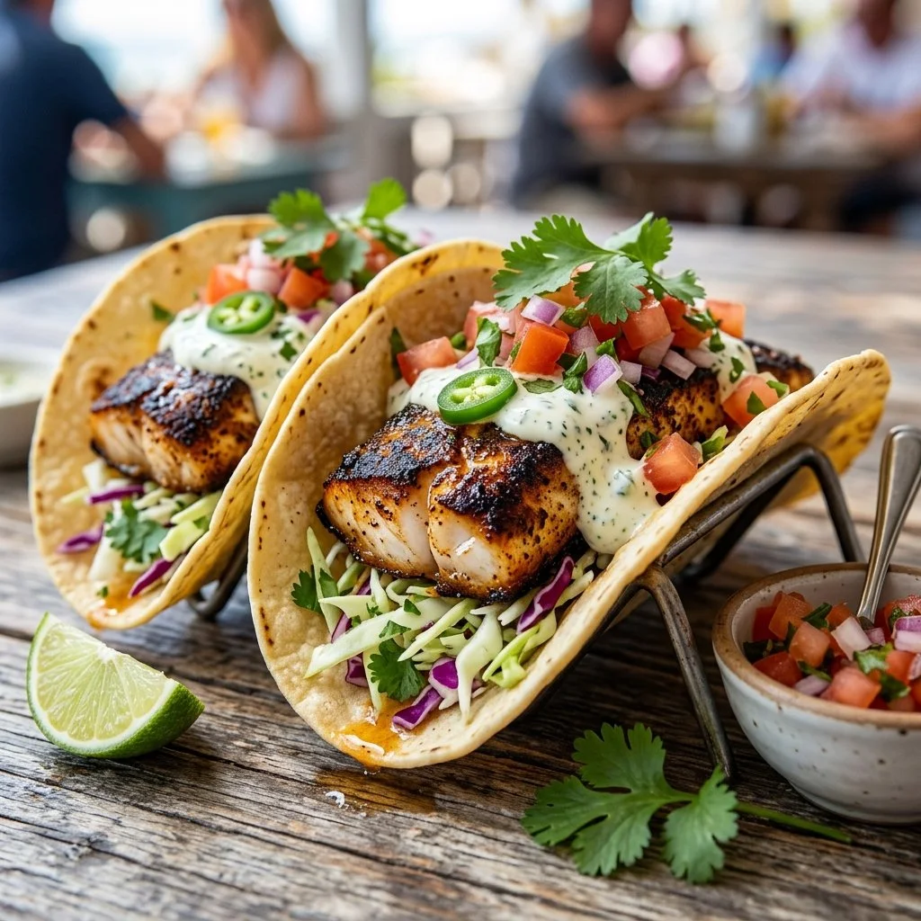 Delicious blackened fish tacos with fresh toppings and zesty sauce