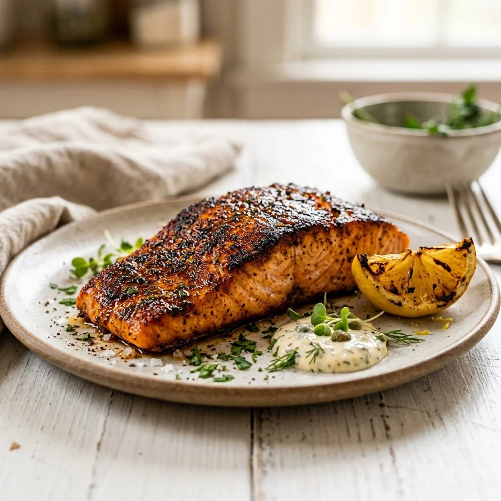 Delicious blackened salmon fillets seasoned and cooked to perfection.