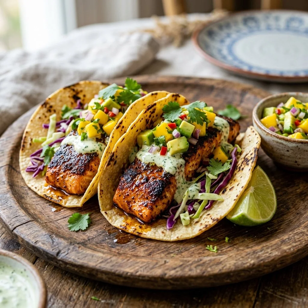 Blackened salmon tacos garnished with fresh ingredients
