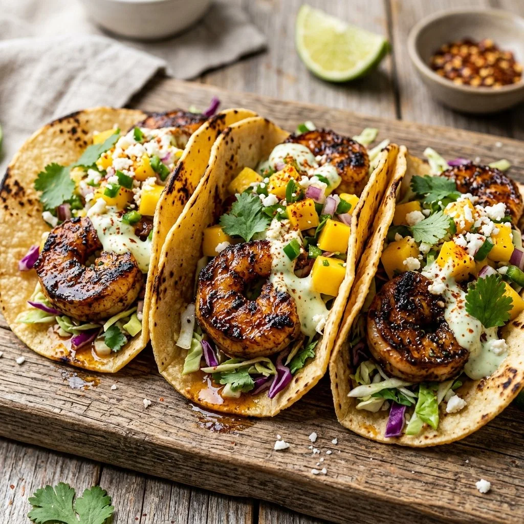 Plate of blackened shrimp tacos garnished with fresh cilantro and lime.