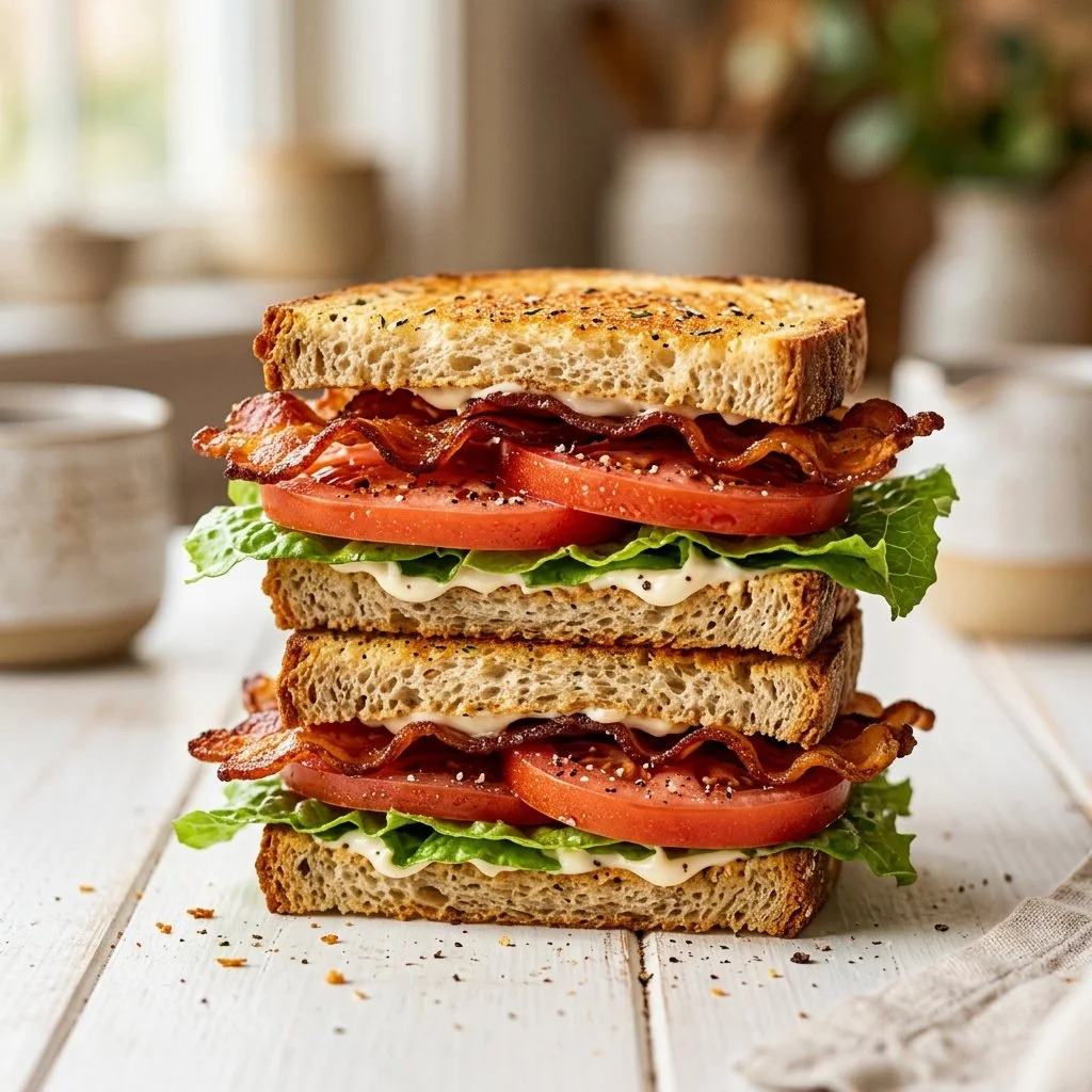 Homemade BLT Sandwich with crispy bacon, lettuce, and tomato on whole grain bread.