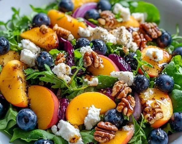 Delicious blueberry peach feta salad with vibrant fruits and creamy cheese.