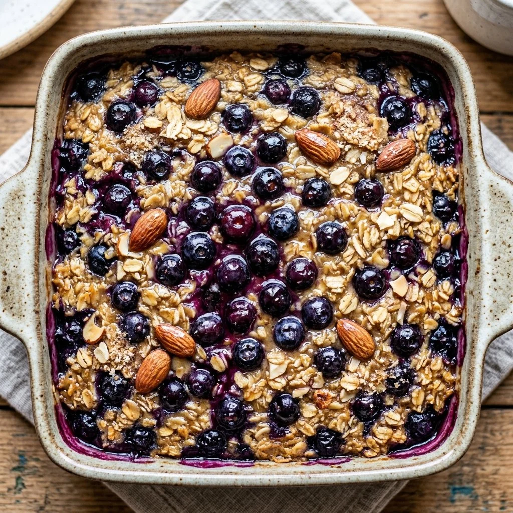 Delicious serving of blueberry baked oatmeal with fresh blueberries on top.