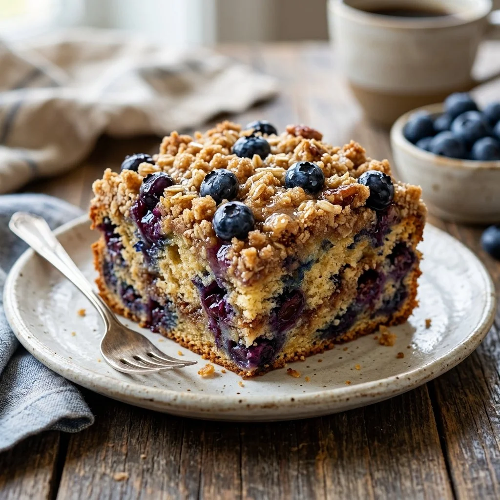 Delicious blueberry coffee cake served on a plate with fresh blueberries