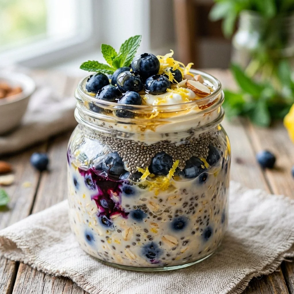 Blueberry Lemon Overnight Oats in a jar topped with fresh blueberries and lemon zest