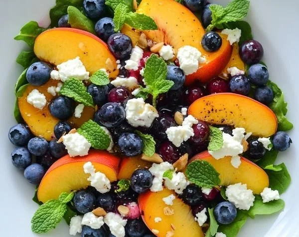Delicious Blueberry Peach Feta Salad served in a bowl with fresh ingredients