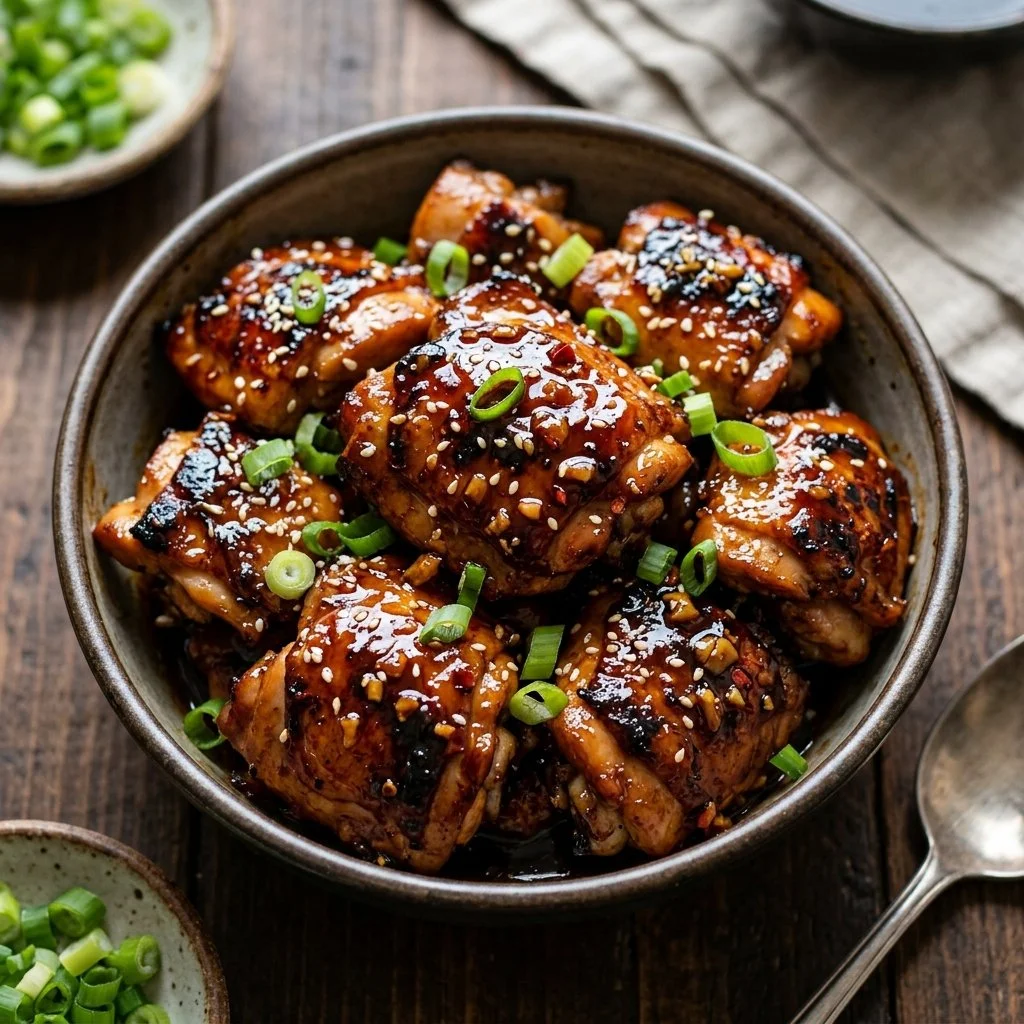 Delicious Bourbon Chicken dish served with rice and vegetables