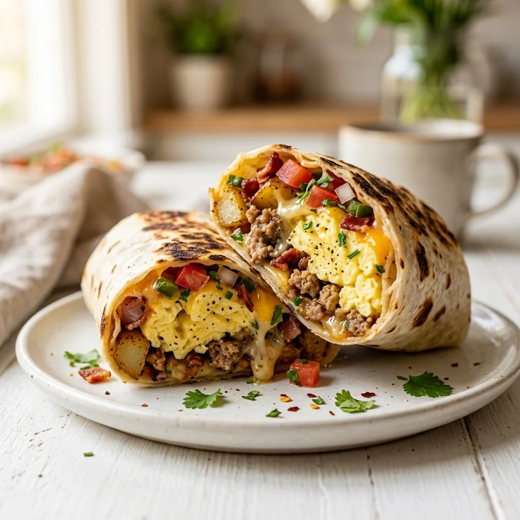 Delicious homemade breakfast burrito filled with eggs, cheese, and veggies