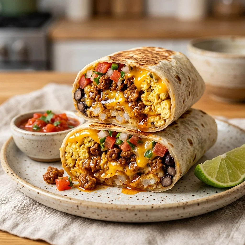 Scrumptious breakfast burritos filled with eggs, cheese, and salsa