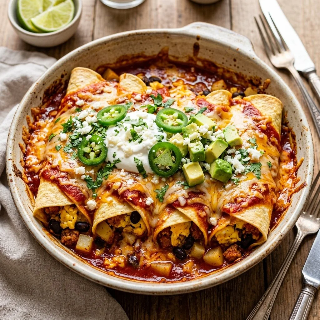 Plate of breakfast enchiladas topped with cheese and sauce