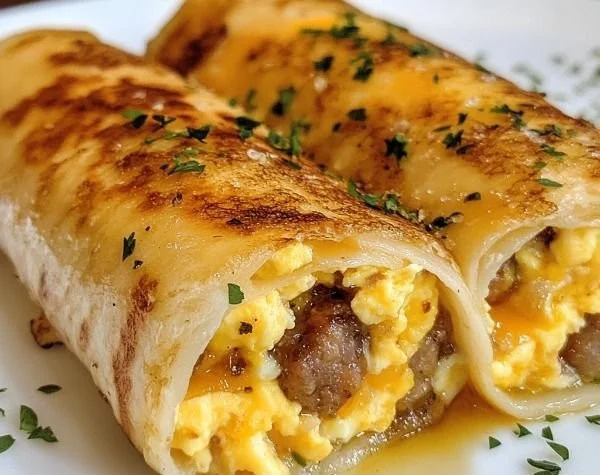 Breakfast roll-ups filled with sausage, egg, and melted cheese