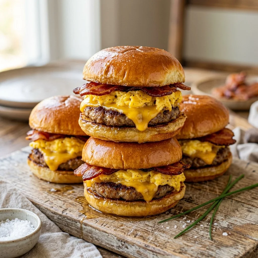 Delicious breakfast sliders served on a platter with fresh ingredients