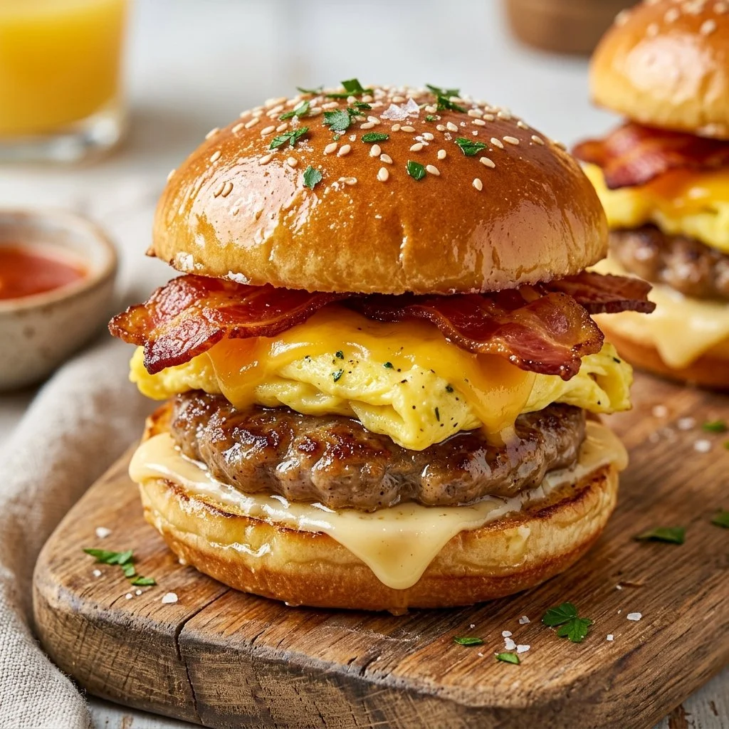 Delicious breakfast sliders with eggs, cheese, and bacon on a plate.