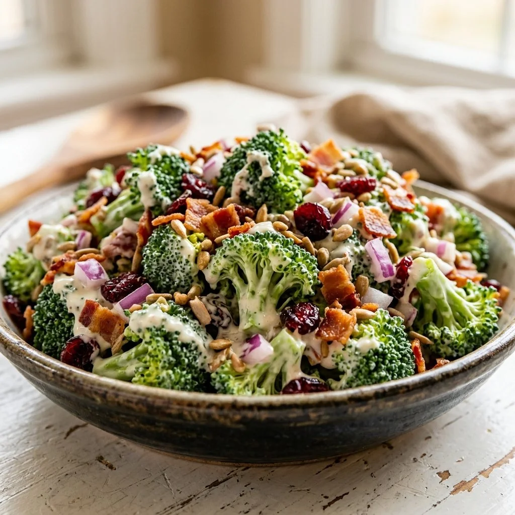Healthy broccoli salad with nuts and dressing in a bowl