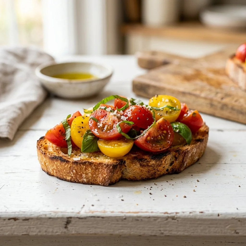 Delicious bruschetta topped with tomatoes and basil on a wooden serving platter