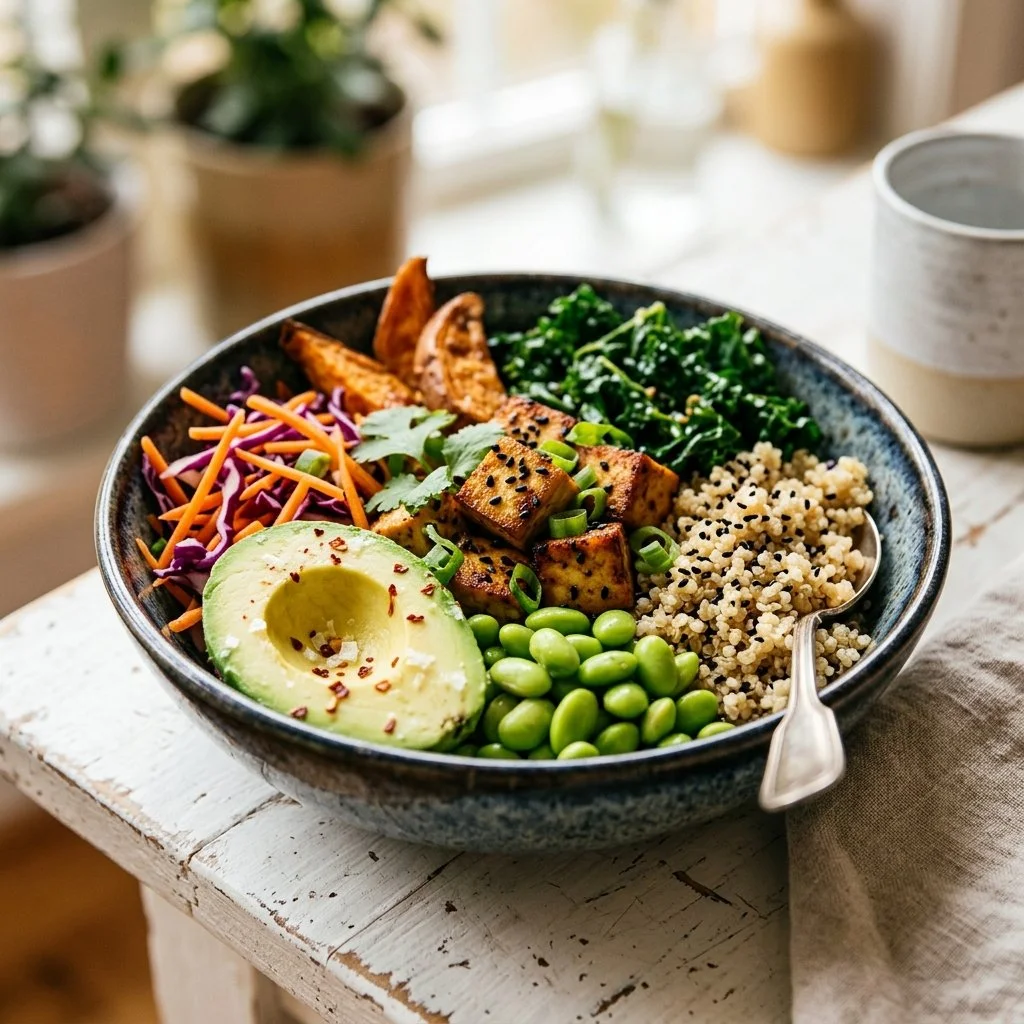 Healthy Buddha Bowl recipe with fresh vegetables and grains.