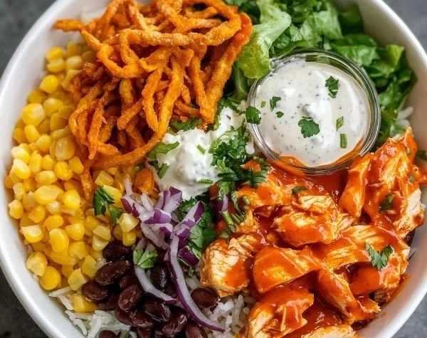 Buffalo Chicken Bowls Recipe with Chicken, Rice, and Spicy Sauce