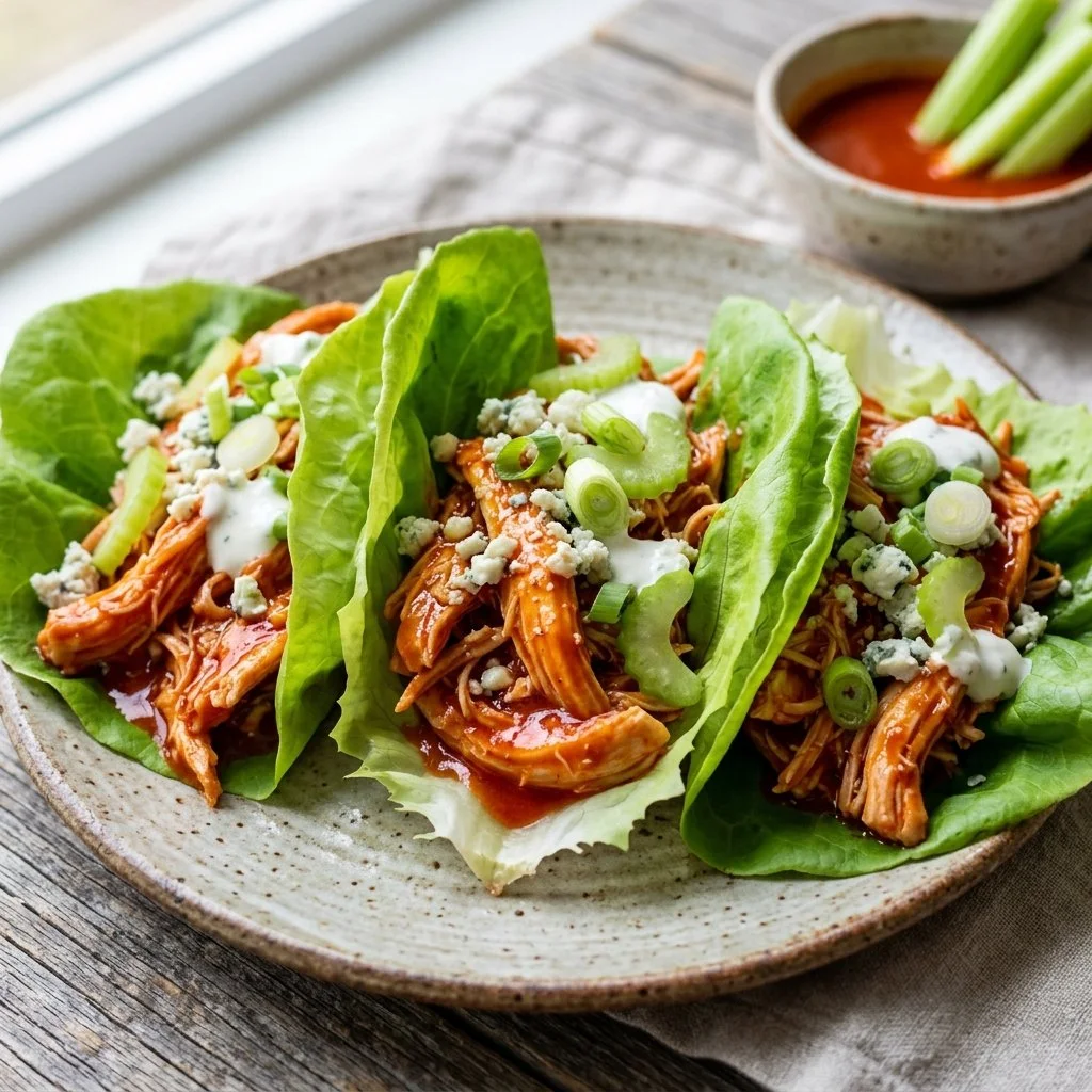 Buffalo Chicken Lettuce Wraps served on a plate with dipping sauce