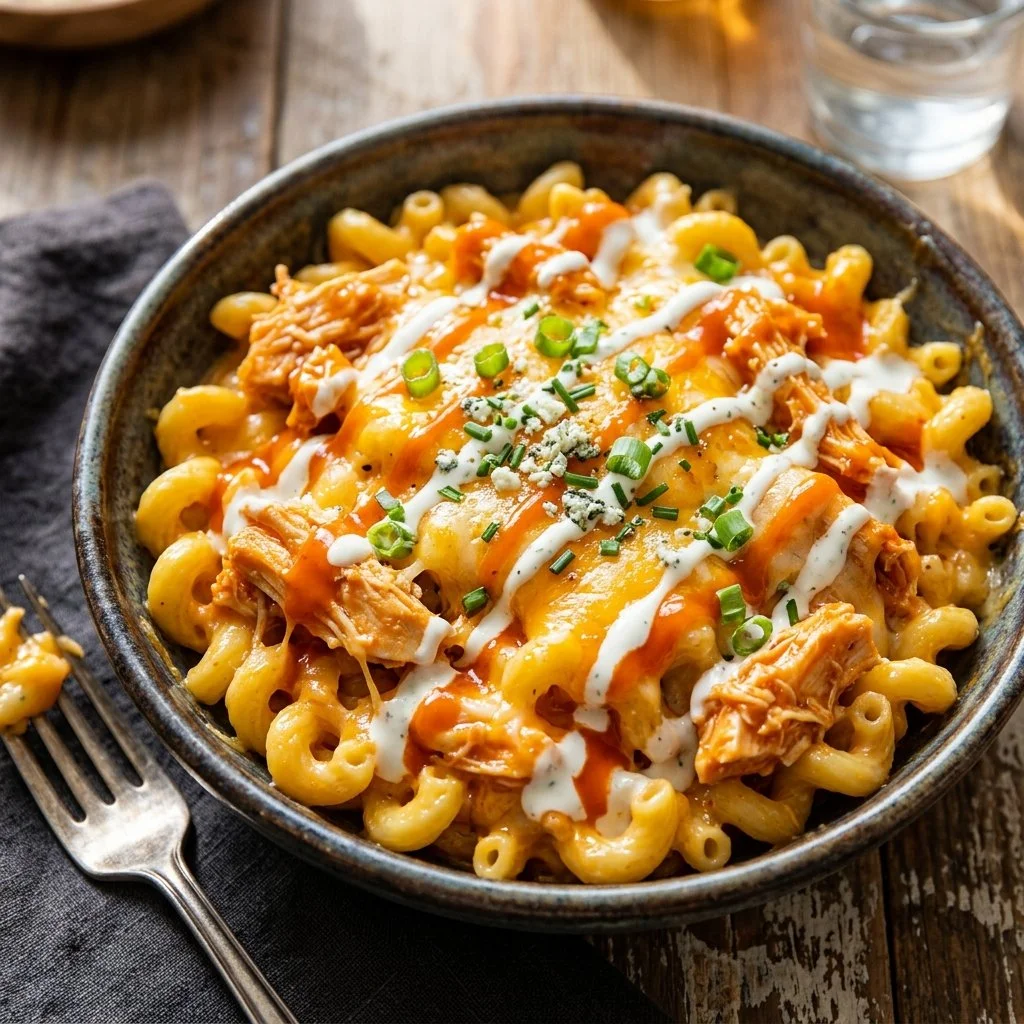 Delicious Buffalo Chicken Mac and Cheese in a creamy sauce topped with cheese.