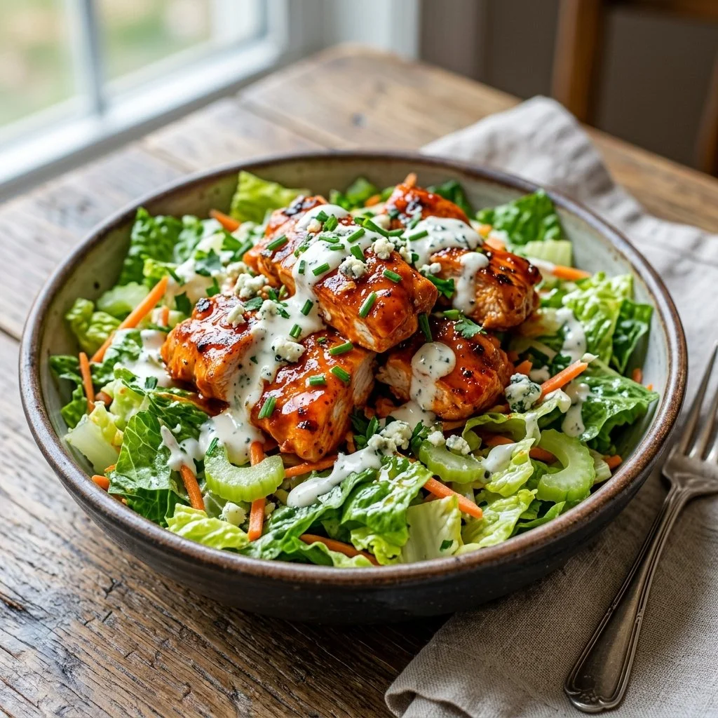 Bowl of delicious Buffalo Chicken Salad with spicy chicken and fresh vegetables