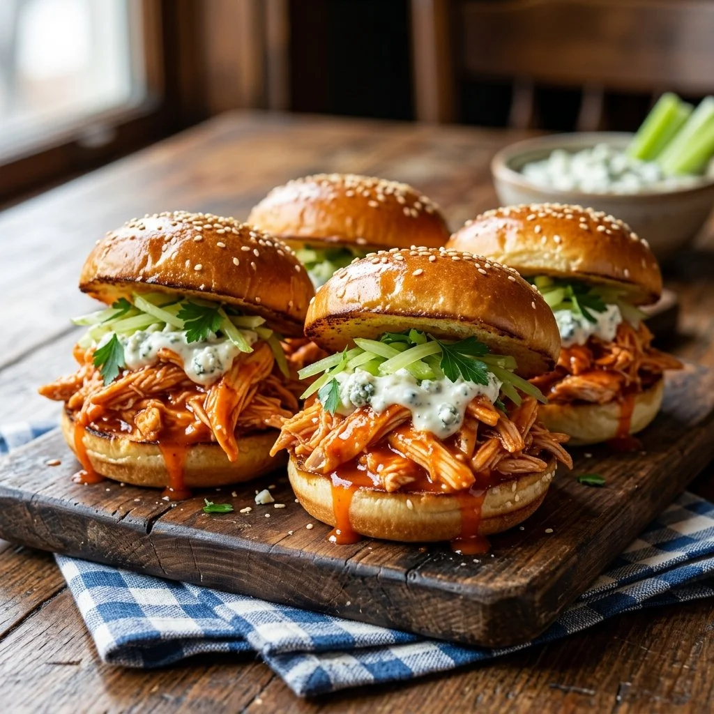 Buffalo Chicken Sliders served on a platter with dipping sauces