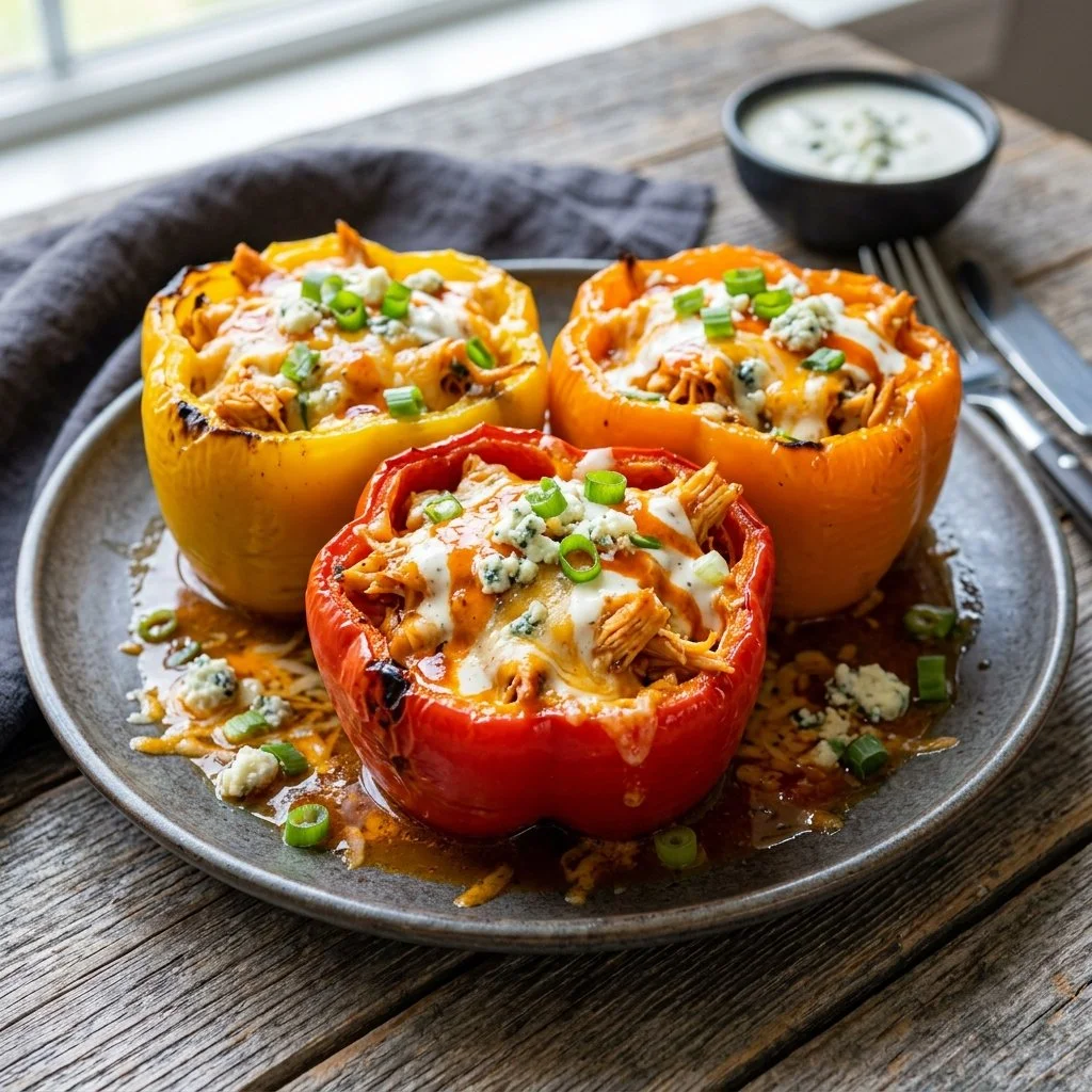Buffalo Chicken Stuffed Peppers topped with cheese and green onions on a serving plate.