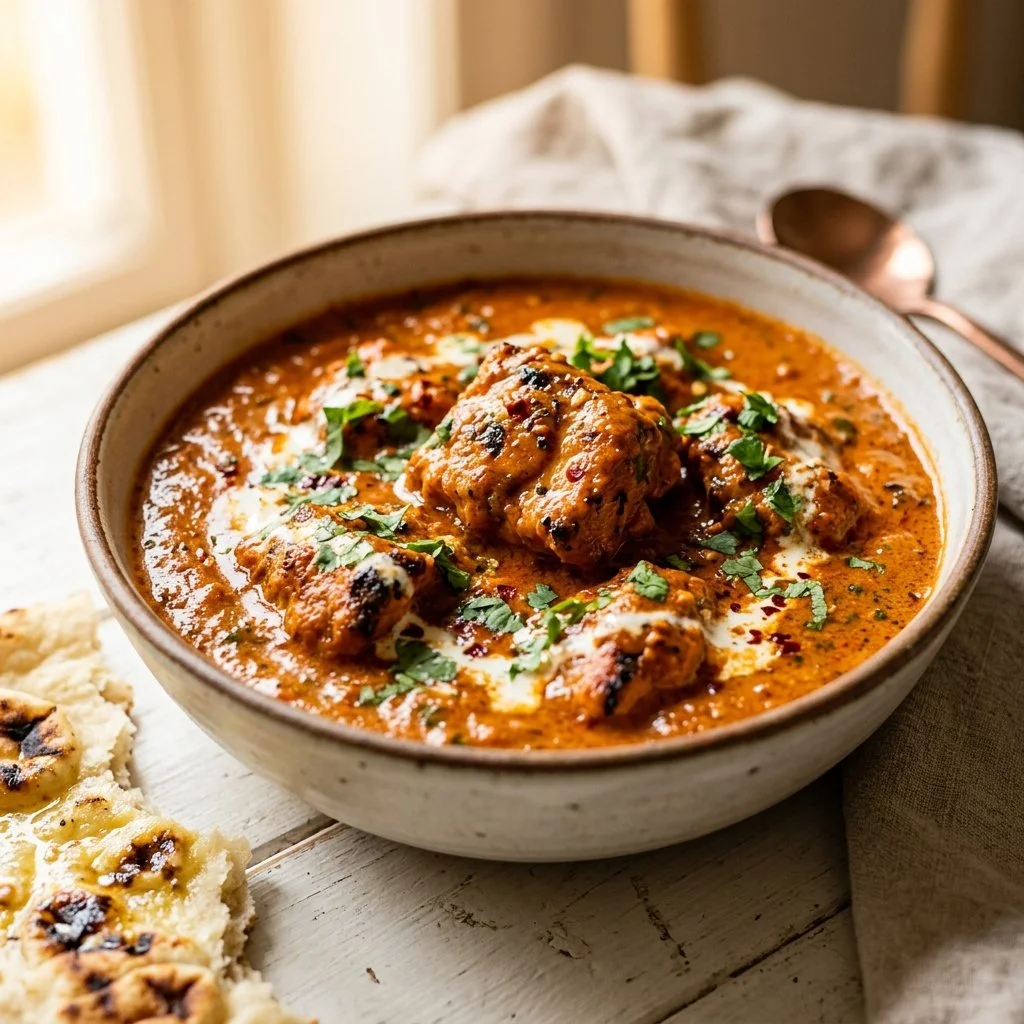 A serving of creamy butter chicken garnished with fresh herbs