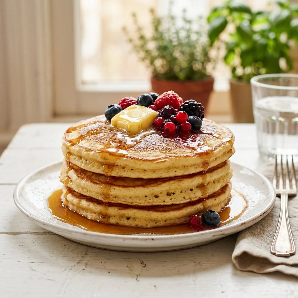 Plate of fluffy buttermilk pancakes with syrup and berries