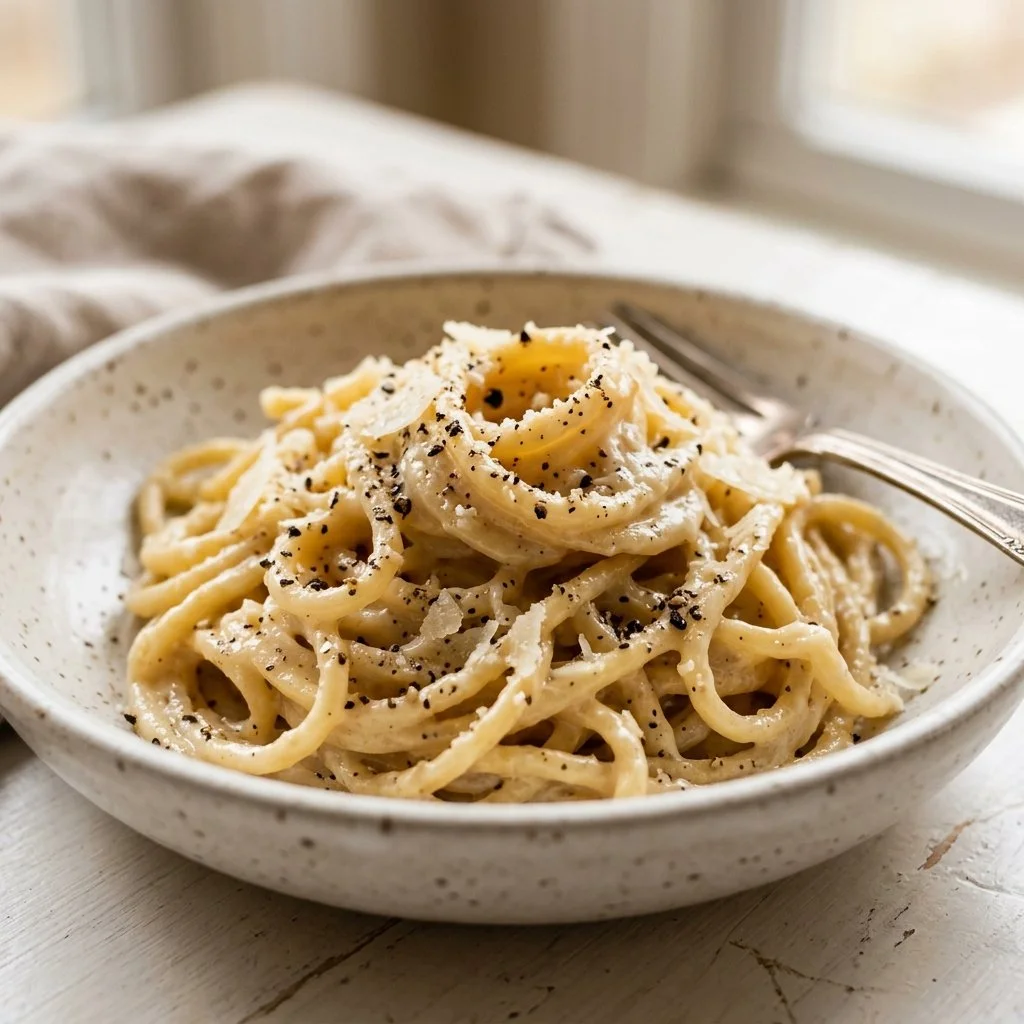Bowl of Cacio e Pepe pasta topped with black pepper and cheese