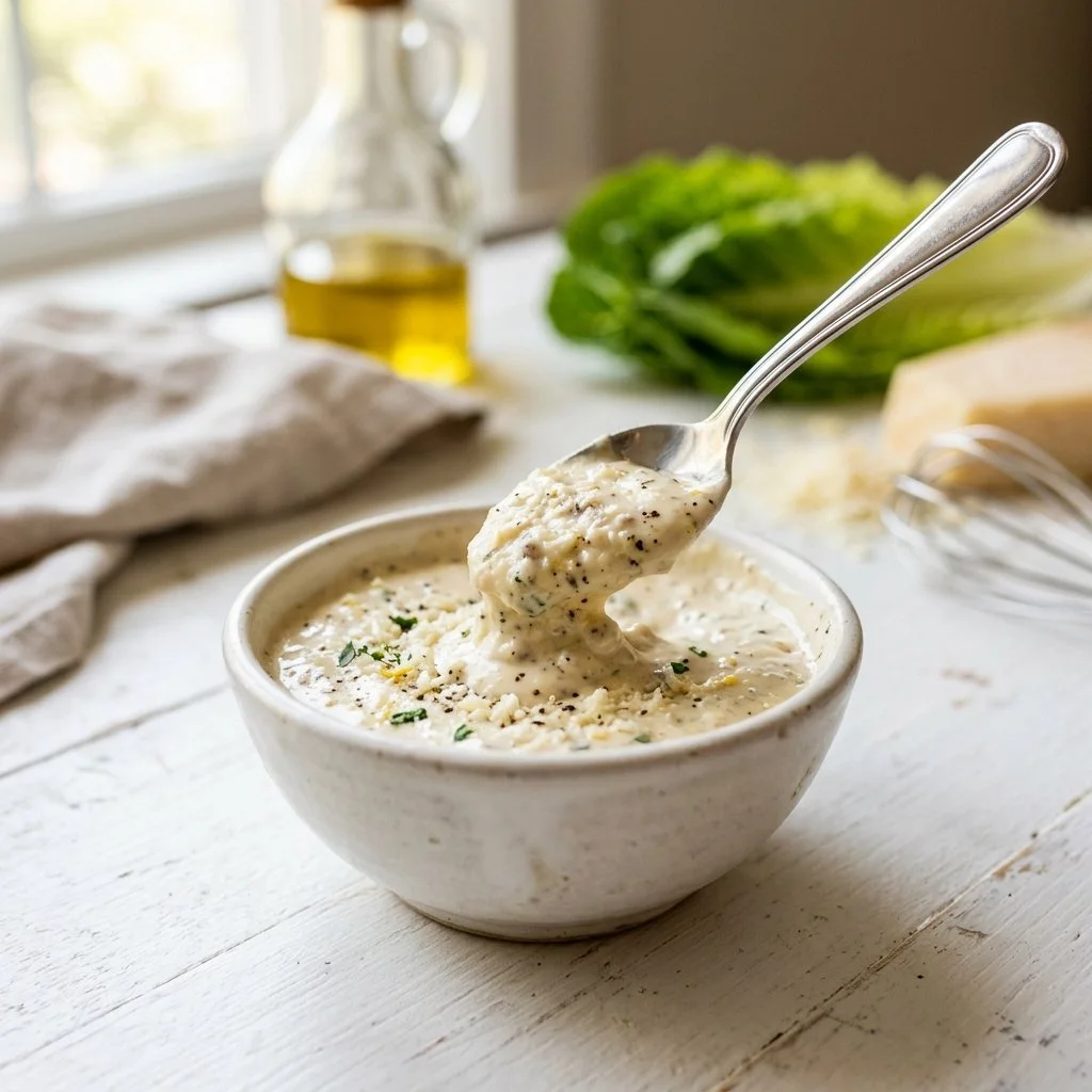 Homemade Caesar dressing in a bowl with ingredients on the side.
