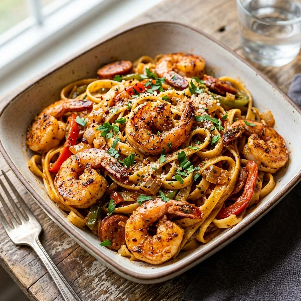 Delicious Cajun Shrimp Pasta served with fresh herbs and spices