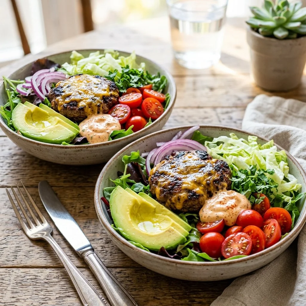 California burger bowls with fresh toppings and ingredients