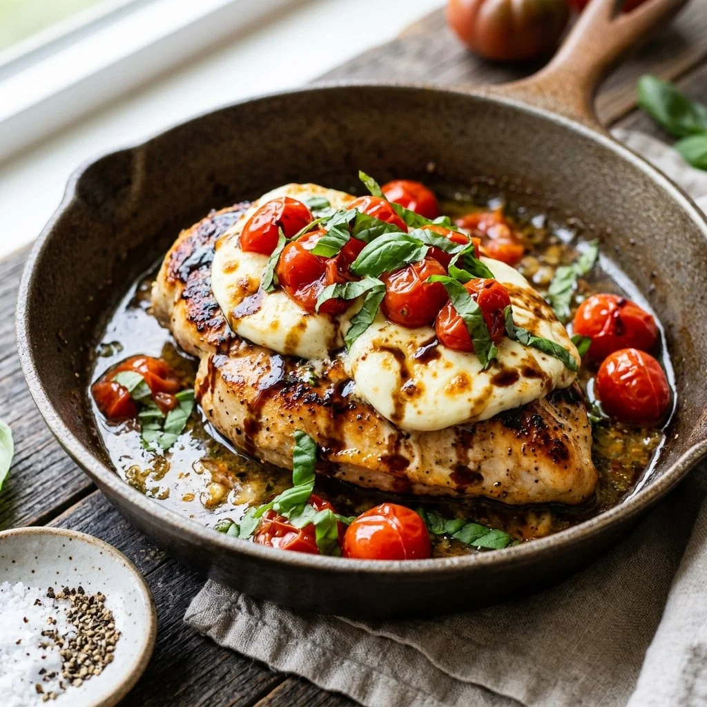 Delicious Caprese Chicken topped with mozzarella, tomatoes, and basil