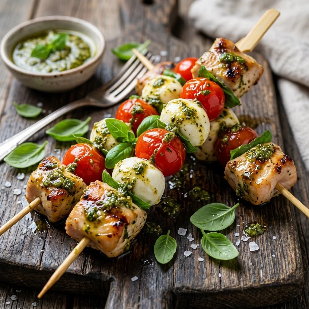 Grilled Caprese Chicken Kabobs with tomatoes, mozzarella, and basil skewered together