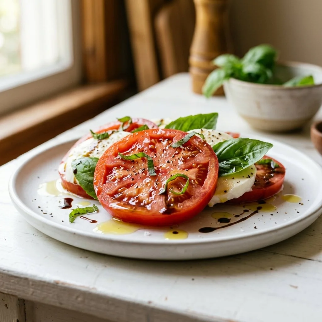 A vibrant Caprese Salad with mozzarella, tomatoes, and basil on a plate