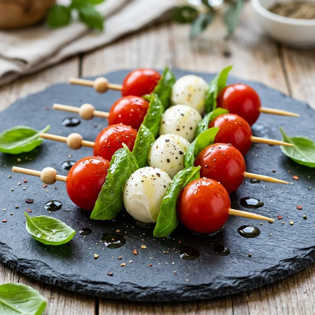 Fresh Caprese Skewers with mozzarella, basil, and cherry tomatoes on a plate.