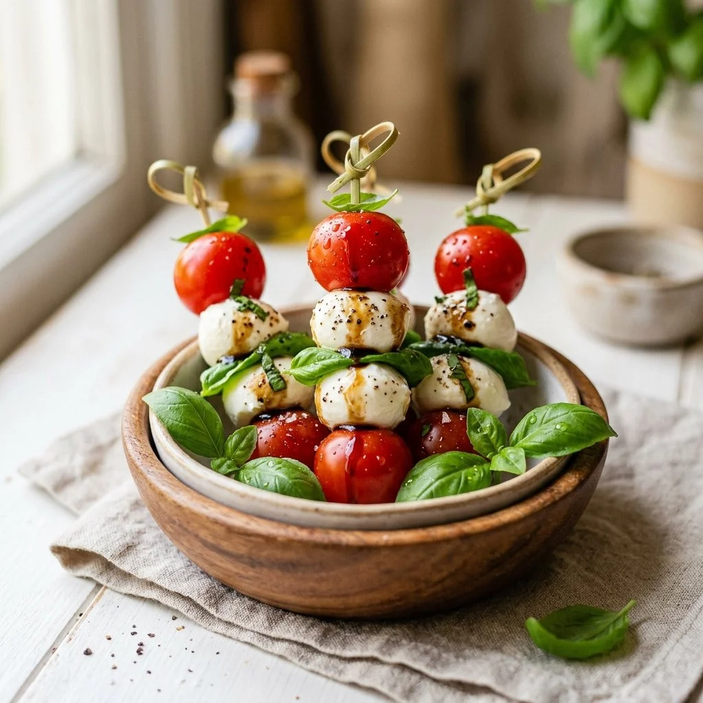 Plate of colorful Caprese Skewers with fresh mozzarella, tomatoes, and basil.