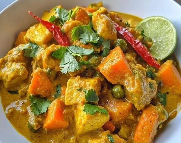 Delicious Caribbean Vegetable Curry served in a colorful bowl