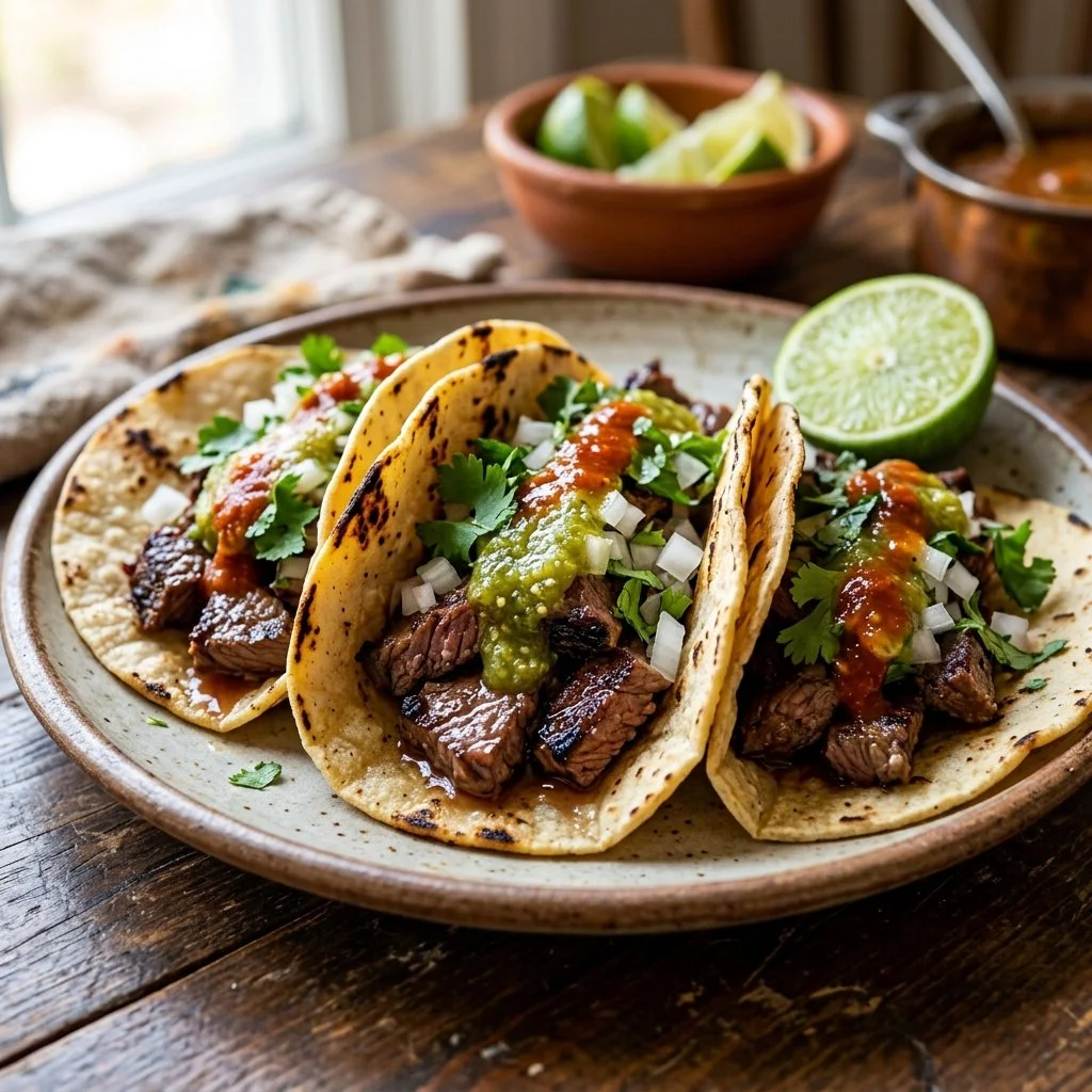 Delicious Carne Asada Tacos with grilled beef and fresh toppings