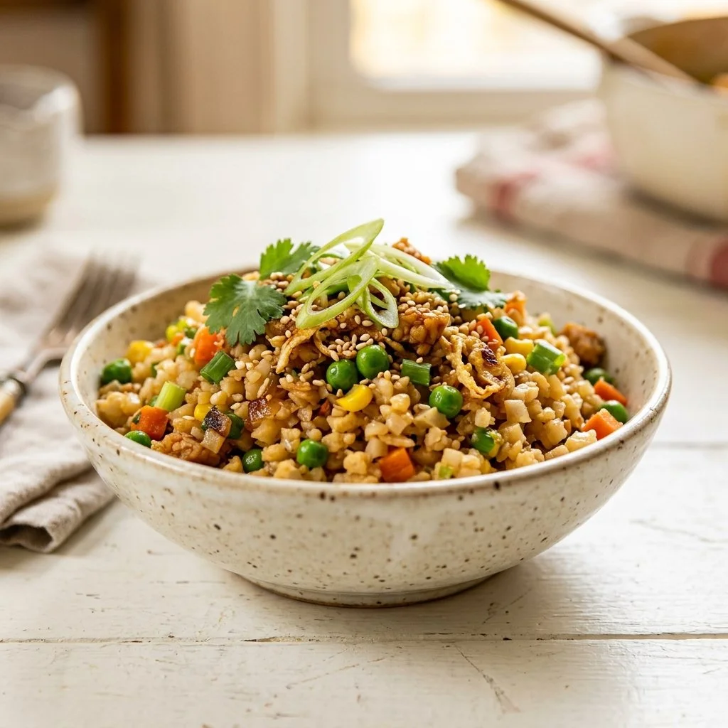 Bowl of homemade Cauliflower Fried Rice with vegetables and herbs.