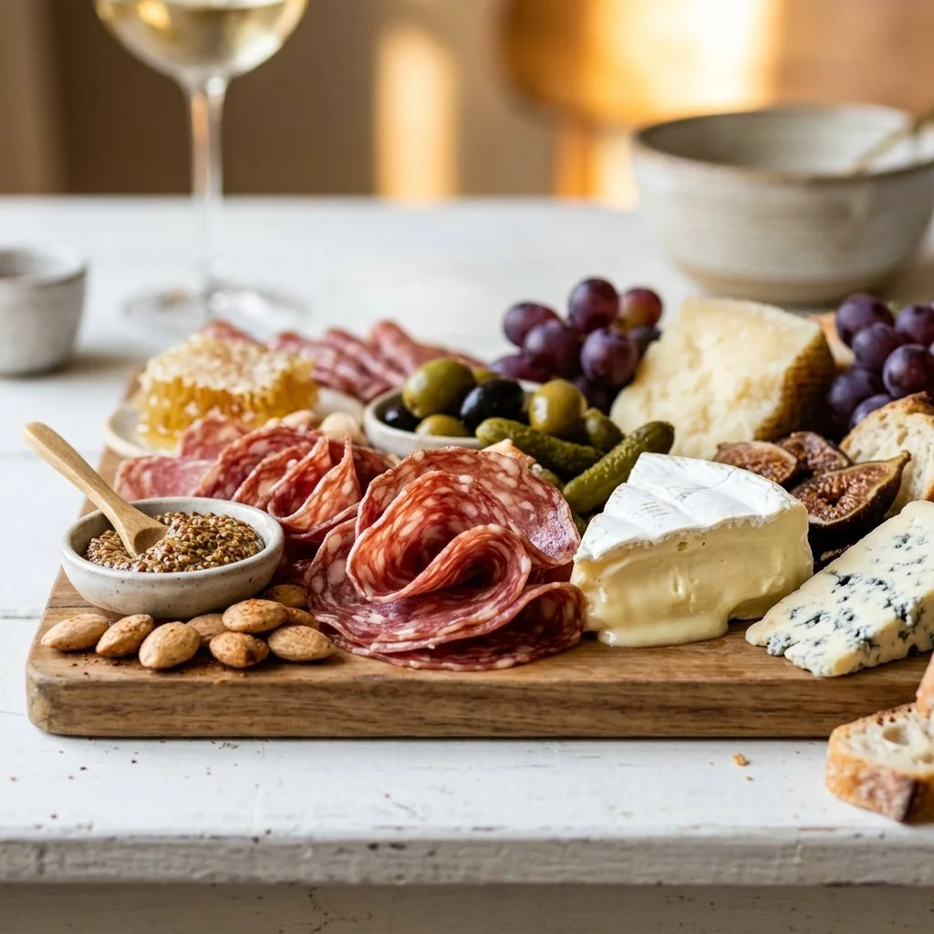 An elegant charcuterie board with assorted meats, cheeses, and fruits.
