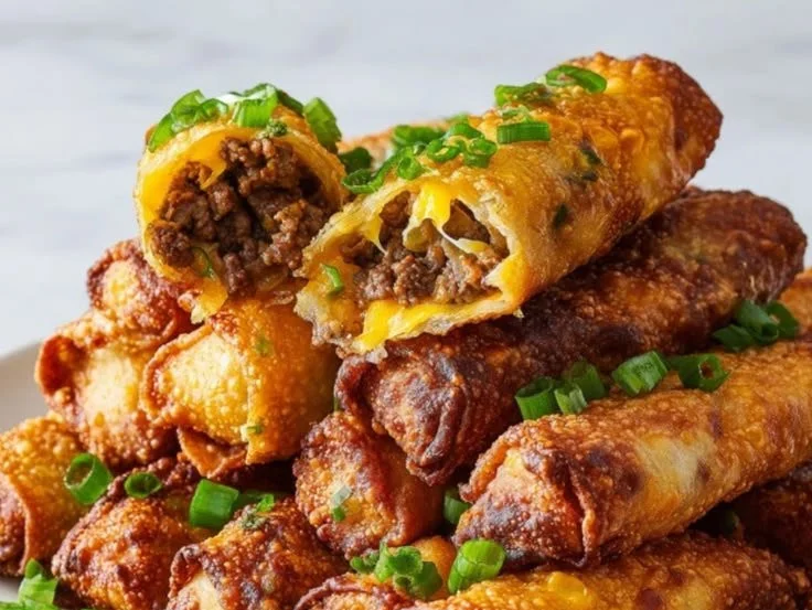 Delicious cheeseburger egg rolls filled with ground beef and cheese.