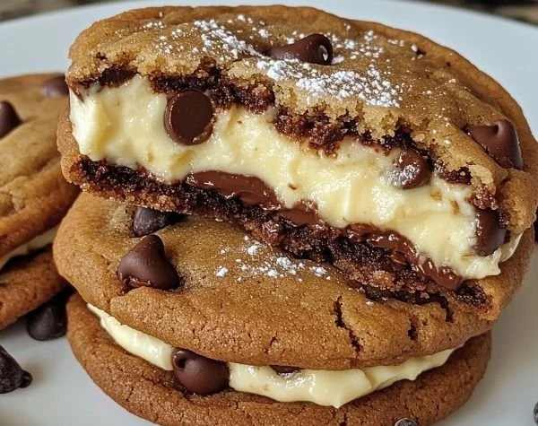Cheesecake-stuffed chocolate chip cookies on a plate