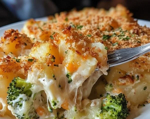 Cheesy Chicken and Broccoli Casserole with baked potatoes
