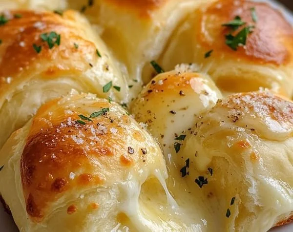 Cheesy garlic crescent rolls served on a wooden platter with herbs