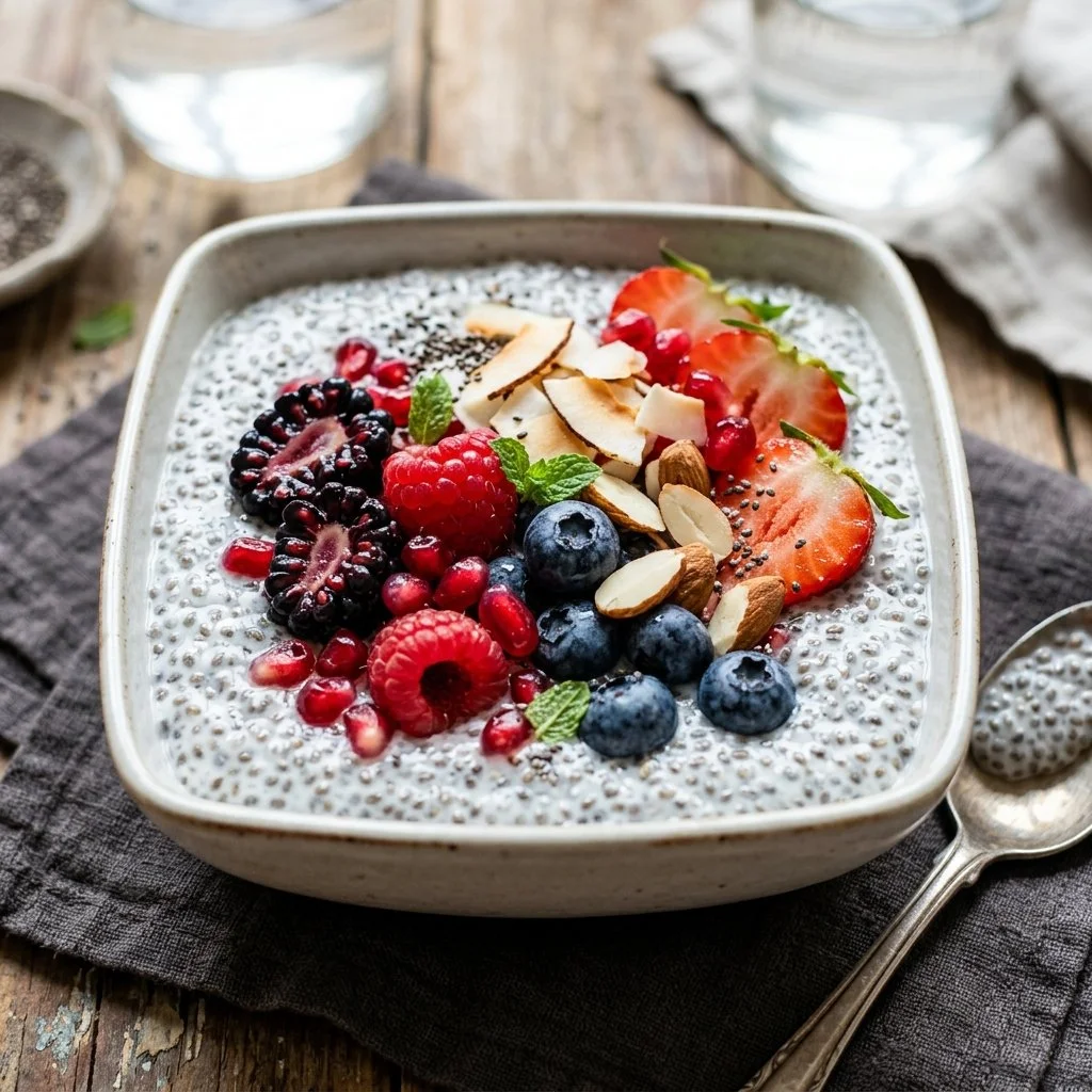 Delicious chia seed pudding served in a bowl with fresh fruit on top.