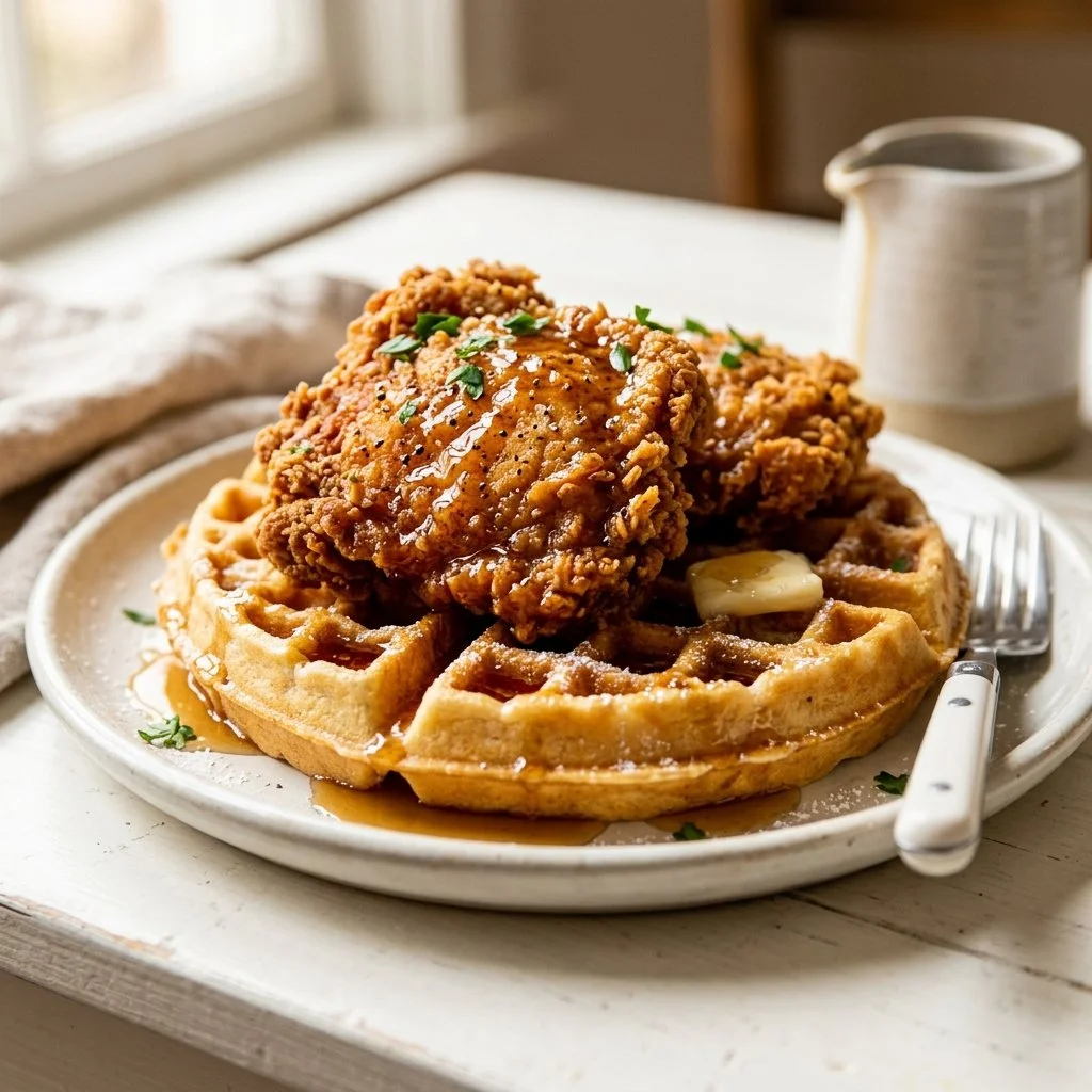 Golden chicken and waffles served with syrup and butter
