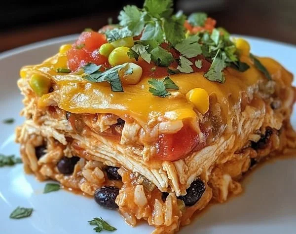 Delicious Chicken Burrito Casserole topped with melted cheese and fresh ingredients