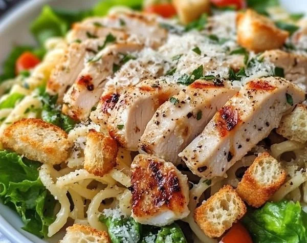 Delicious Chicken Caesar Pasta Salad with creamy dressing and tender chicken.